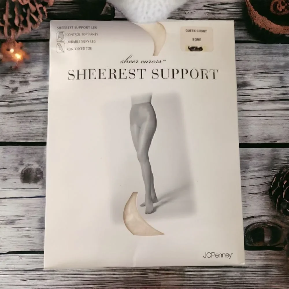 JCPenney Sheer Caress Pantyhose Stockings Sheerest Support Queen Short Bone NEW.